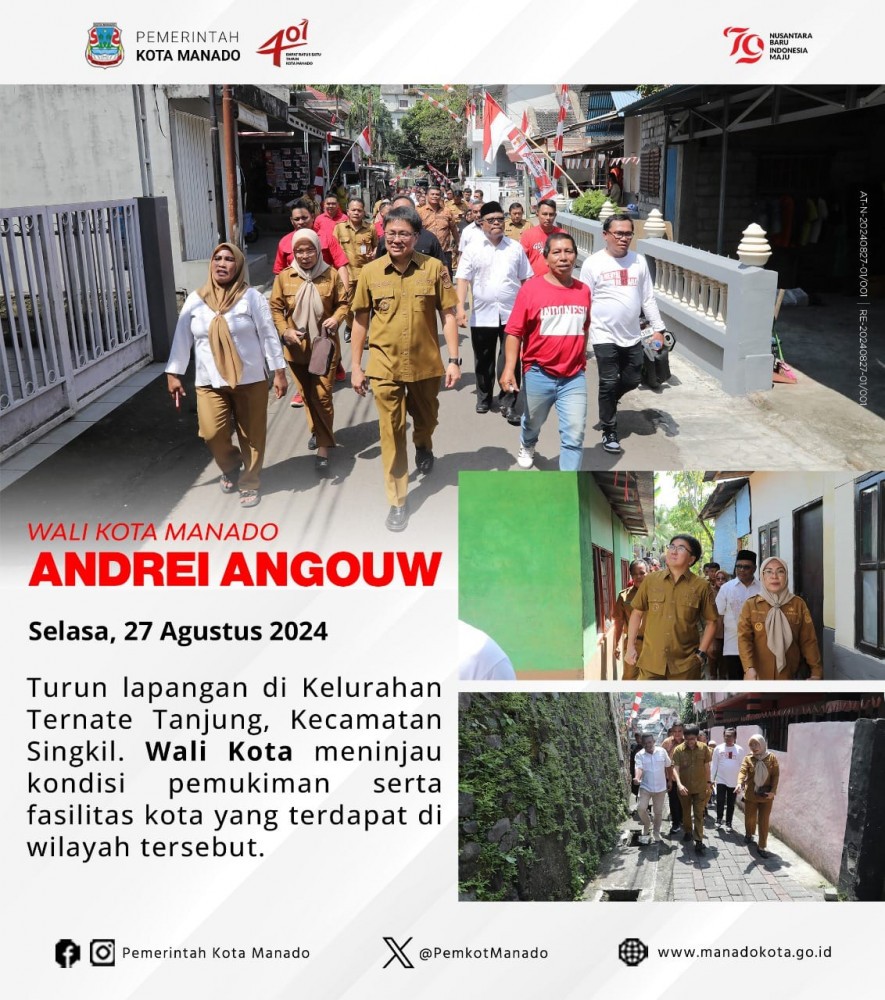 Wali Kota Manado Bpk. Andrei Angouw turun lapangan di Kelurahan Ternate Tanjung, Kecamatan Singkil. Selasa, 27 Agustus 2024