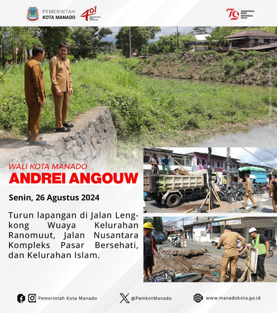 Wali Kota Manado Bpk. Andrei Angouw turun lapangan di Jalan Lengkong Wuaya Kelurahan Ranomuut, Jalan Nusantara Kompleks Pasar Bersehati, dan Kelurahan Islam. Senin, 26 Agustus 2024