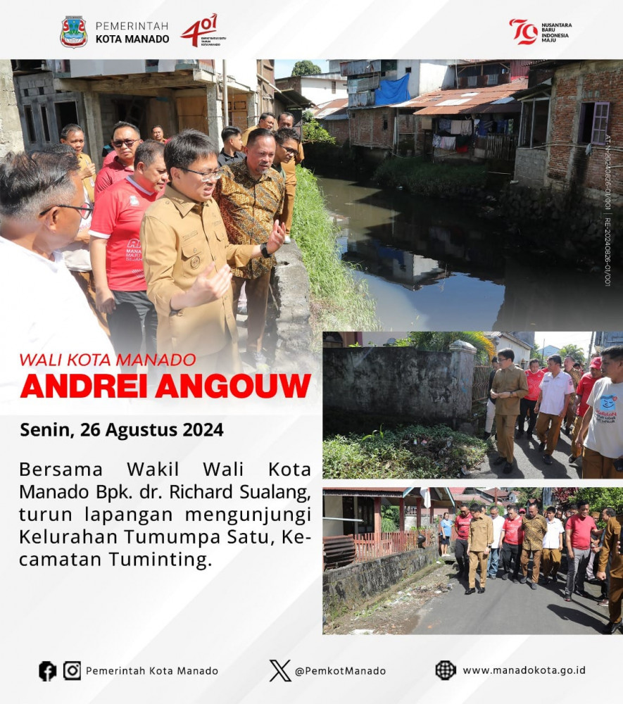 Wali Kota Manado Bpk. Andrei Angouw bersama Wakil Wali Kota Manado Bpk. dr. Richard Sualang, turun lapangan mengunjungi Kelurahan Tumumpa Satu, Kecamatan Tuminting. Senin, 26 Agustus 2024