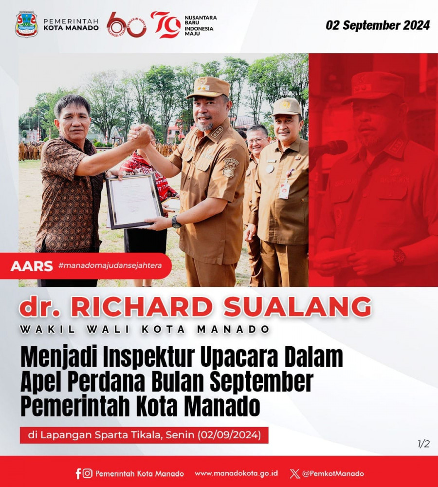 Wakil Wali Kota Manado Bapak dr. Richard Sualang, Menjadi Inspektur Upacara Dalam Apel Perdana Bulan September Pemerintah Kota Manado. Senin 2 September 2024