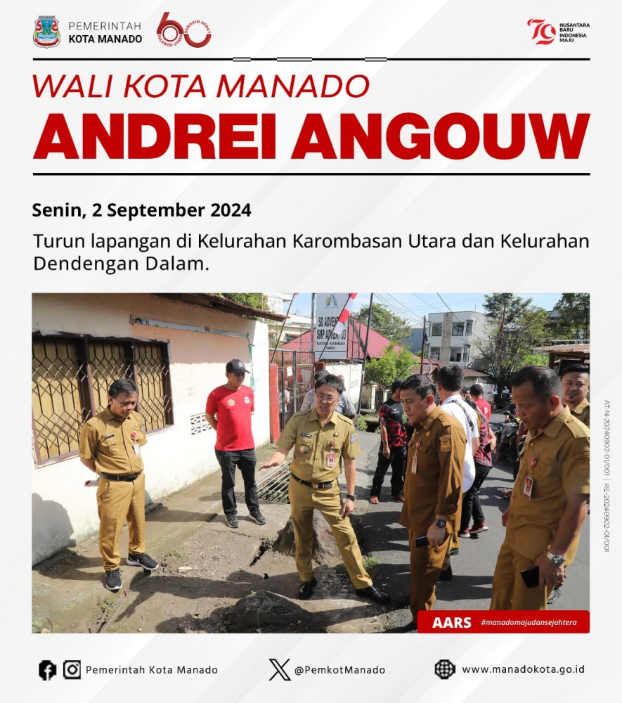 Wali Kota Manado Bpk. Andrei Angouw turun lapangan di Kelurahan Karombasan Utara dan Kelurahan Dendengan Dalam. Senin, 2 September 2024