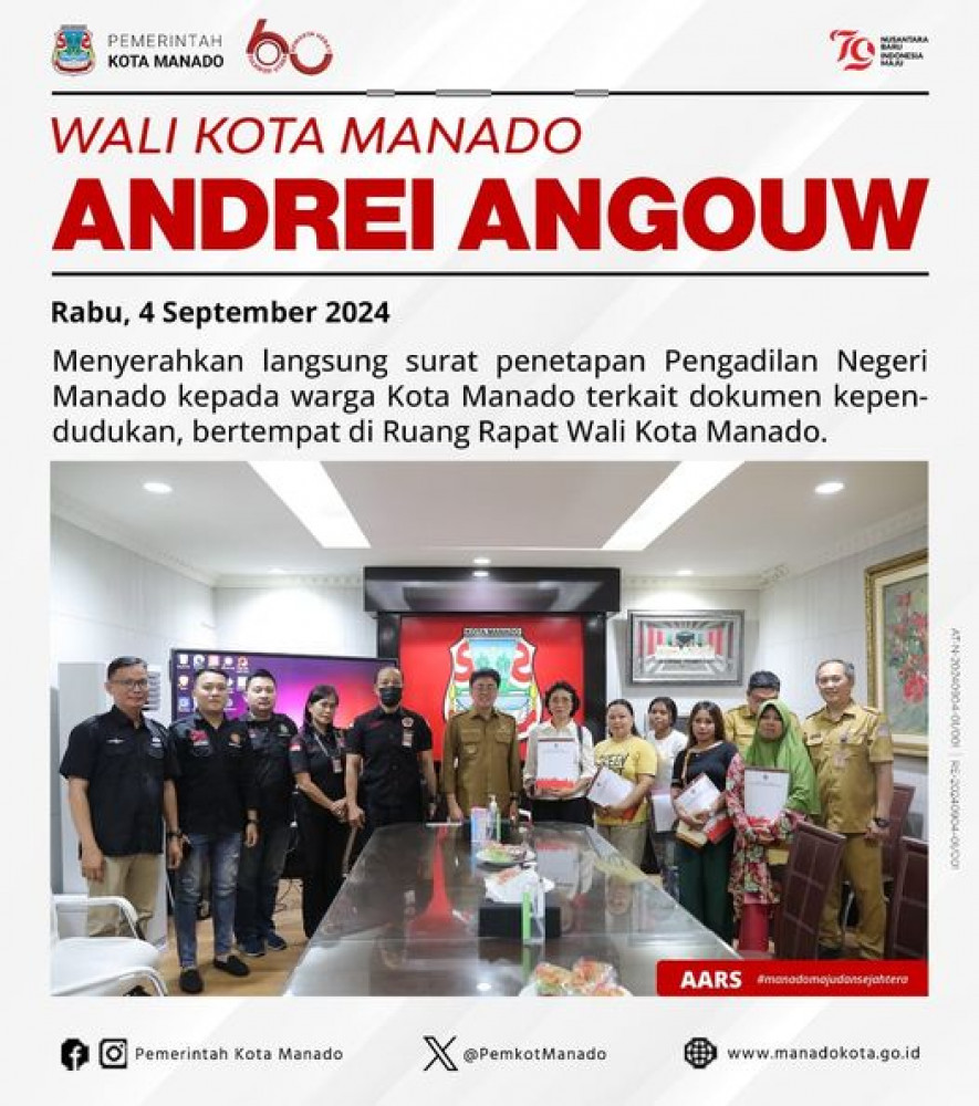 Wali Kota Manado Bpk. Andrei Angouw menyerahkan langsung surat penetapan Pengadilan Negeri Manado kepada warga Kota Manado terkait dokumen kependudukan, bertempat di Ruang Rapat Wali Kota Manado. 