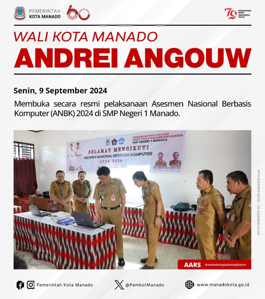 Wali Kota Manado Bpk. Andrei Angouw membuka secara resmi pelaksanaan Asesmen Nasional Berbasis Komputer (ANBK) 2024 di SMP Negeri 1 Manado. Senin, 9 September 2024.