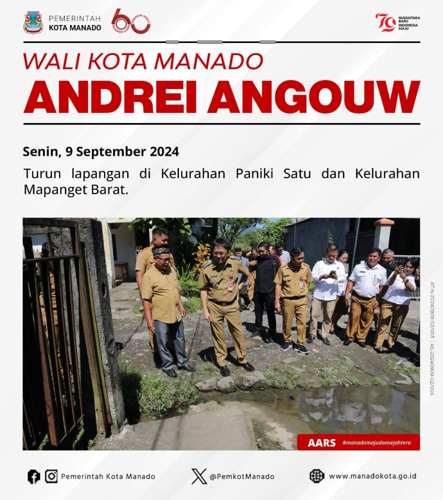 Wali Kota Manado Bpk. Andrei Angouw turun lapangan di Kelurahan Paniki Satu dan Kelurahan Mapanget Barat. Senin, 9 September 2024.