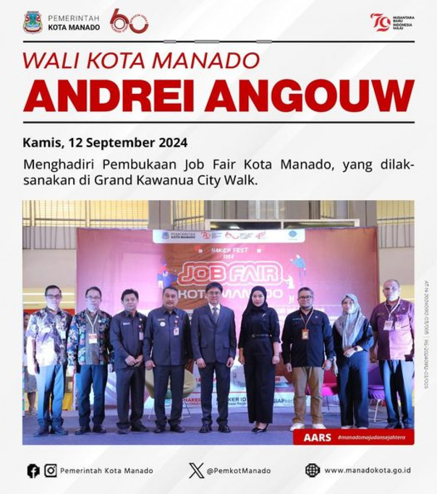 Wali Kota Manado Bpk. Andrei Angouw menghadiri Pembukaan Job Fair Kota Manado, yang dilaksanakan di Grand Kawanua City Walk. Kamis, 12 September 2024