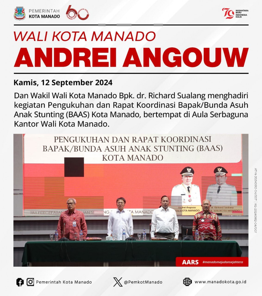  Wali Kota Manado Bpk. Andrei Angouw dan Wakil Wali Kota Manado Bpk. dr. Richard Sualang menghadiri kegiatan Pengukuhan dan Rapat Koordinasi Bapak/Bunda Asuh Anak Stunting (BAAS) Kota Manado, bertempa