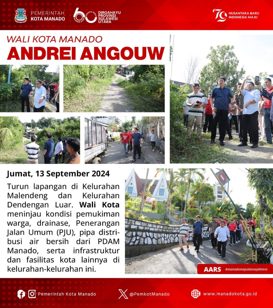 Wali Kota Manado Bpk. Andrei Angouw turun lapangan di Kelurahan Malendeng dan Kelurahan Dendengan Luar. Jumat, 13 September 2024.