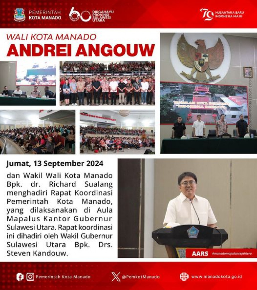 Wali Kota Manado Bpk. Andrei Angouw dan Wakil Wali Kota Manado Bpk. dr. Richard Sualang menghadiri Rapat Koordinasi Pemerintah Kota Manado, yang dilaksanakan di Aula Mapalus Kantor Gubernur Sulawesi U