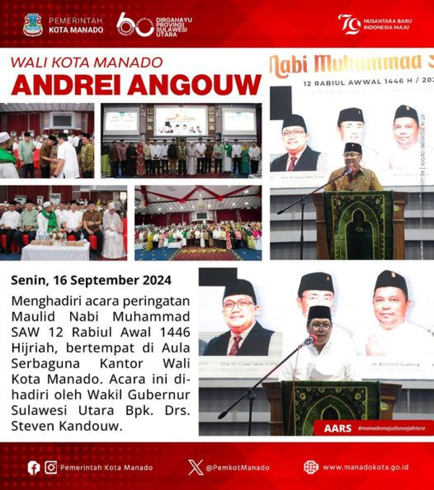 Andrei Angouw menghadiri acara peringatan Maulid Nabi Muhammad SAW 12 Rabiul Awal 1446 Hijriah, bertempat di Aula Serbaguna Kantor Wali Kota Manado. Senin, 16 September 2024