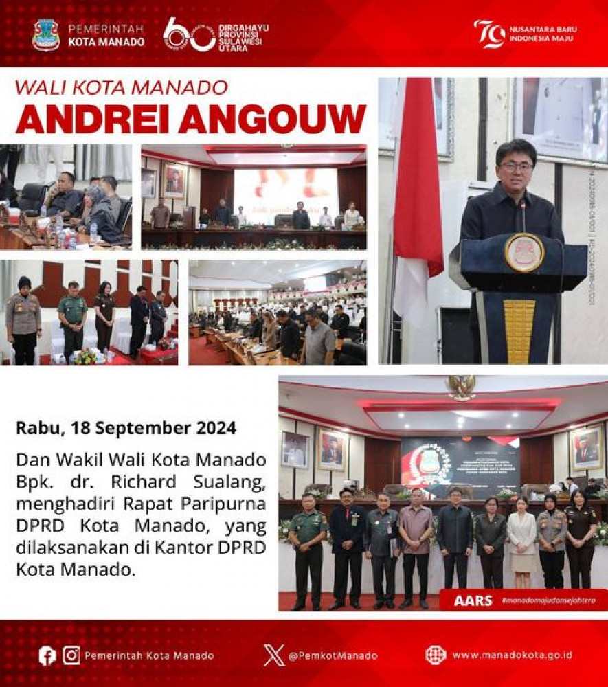  Wali Kota Manado Bpk. Andrei Angouw dan Wakil Wali Kota Manado Bpk. dr. Richard Sualang, menghadiri Rapat Paripurna DPRD Kota Manado, yang dilaksanakan di Kantor DPRD Kota Manado. Rabu, 18 September 