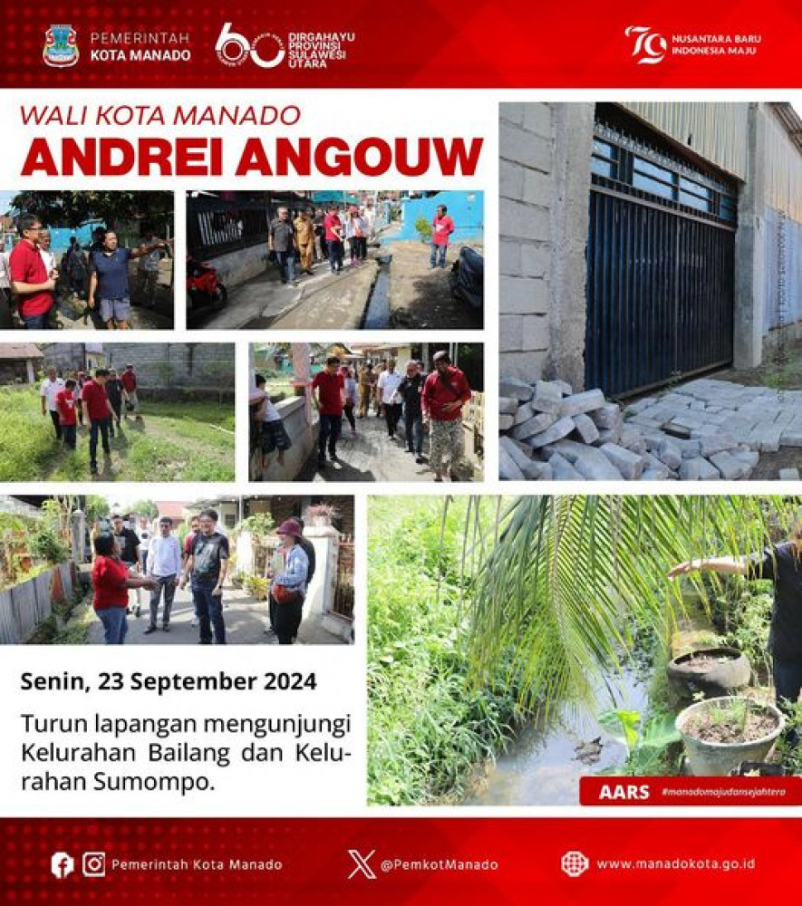 Wali Kota Manado Bpk. Andrei Angouw turun lapangan mengunjungi Kelurahan Bailang dan Kelurahan Sumompo. Senin, 23 September 2024