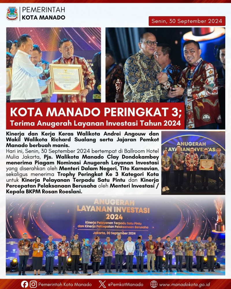 Kota Manado meraih Peringkat 3 dalam Anugerah Layanan Investasi 2024. Senin, 30 September 2024.