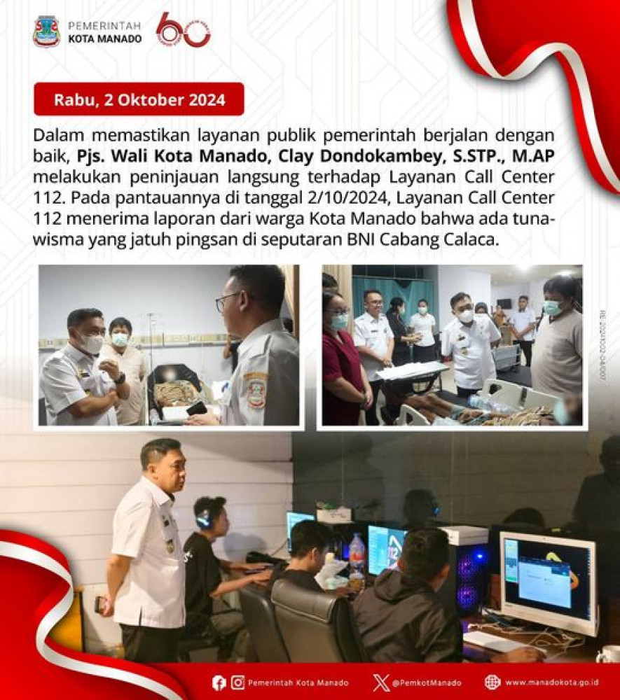 Pjs. Wali Kota Manado, Clay Dondokambey, S.STP., M.AP melakukan peninjauan langsung terhadap Layanan Call Center 112. Pada pantauannya di tanggal 2/10/2024