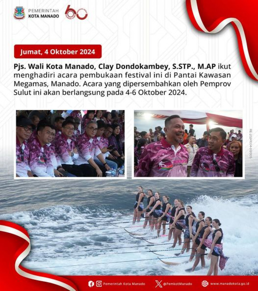 Dalam menyukseskan North Sulawesi Utara Festival 2024, Pjs. Wali Kota Manado, Clay Dondokambey, S.STP., M.AP ikut menghadiri acara pembukaan festival ini di Pantai Kawasan Megamas, Manado. 04/10/2024