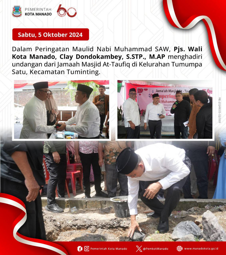 Dalam Peringatan Maulid Nabi Muhammad SAW, Pjs. Wali Kota Manado, Clay Dondokambey, S.STP., M.AP menghadiri undangan dari Jamaah Masjid At-Taufiq di Kelurahan Tumumpa Satu, Kecamatan Tuminting.5/10/24