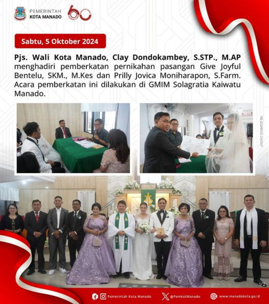 Clay Dondokambey, S.STP., M.AP selaku Pjs. Wali Kota Manado menghadiri pemberkatan pernikahan di GMIM Solagratia Kaiwatu Manado. Sabtu, 05 Oktober 2024.