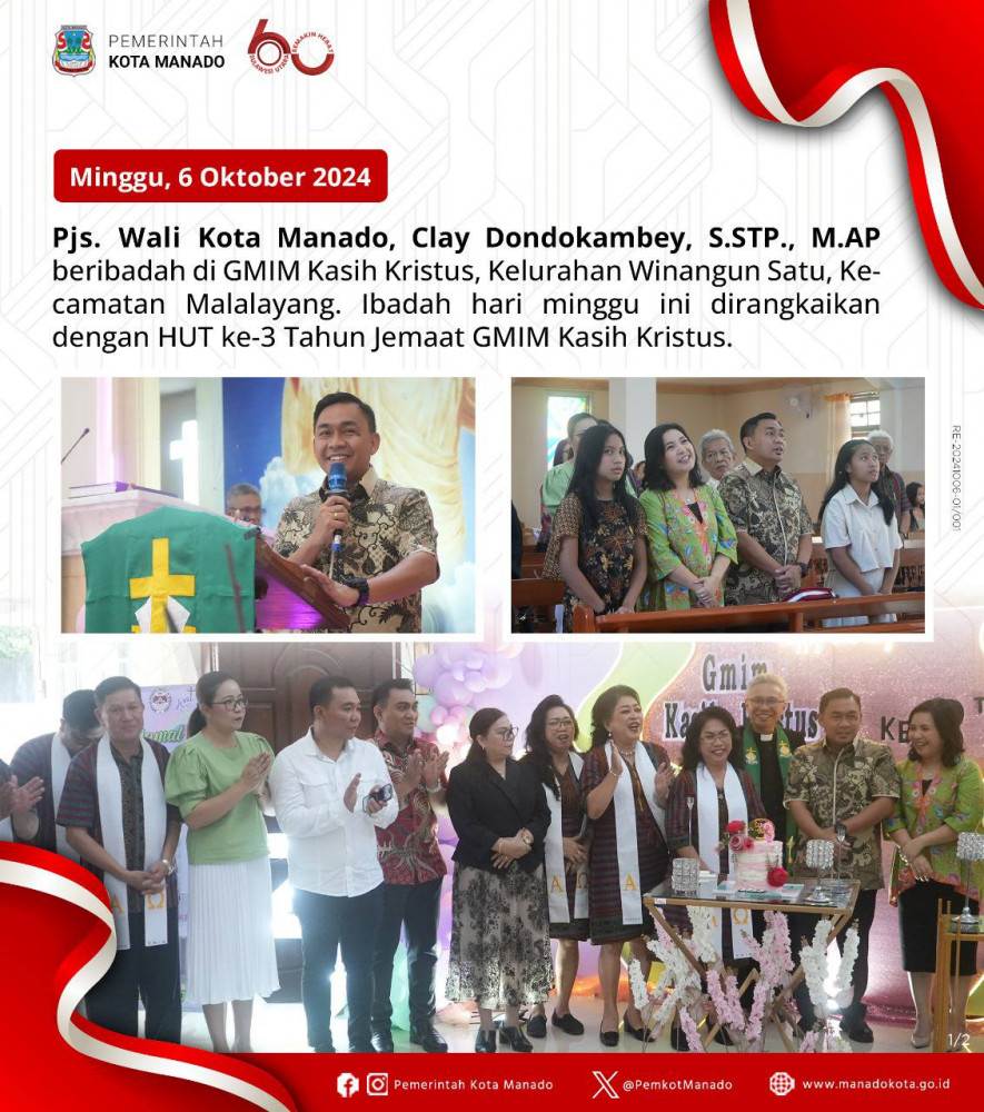 Pjs. Wali Kota Manado beribadah di GMIM Kasih Kristus, Kelurahan Winangun Satu, Kecamatan Malalayang. Minggu, 06 Oktober 2024.