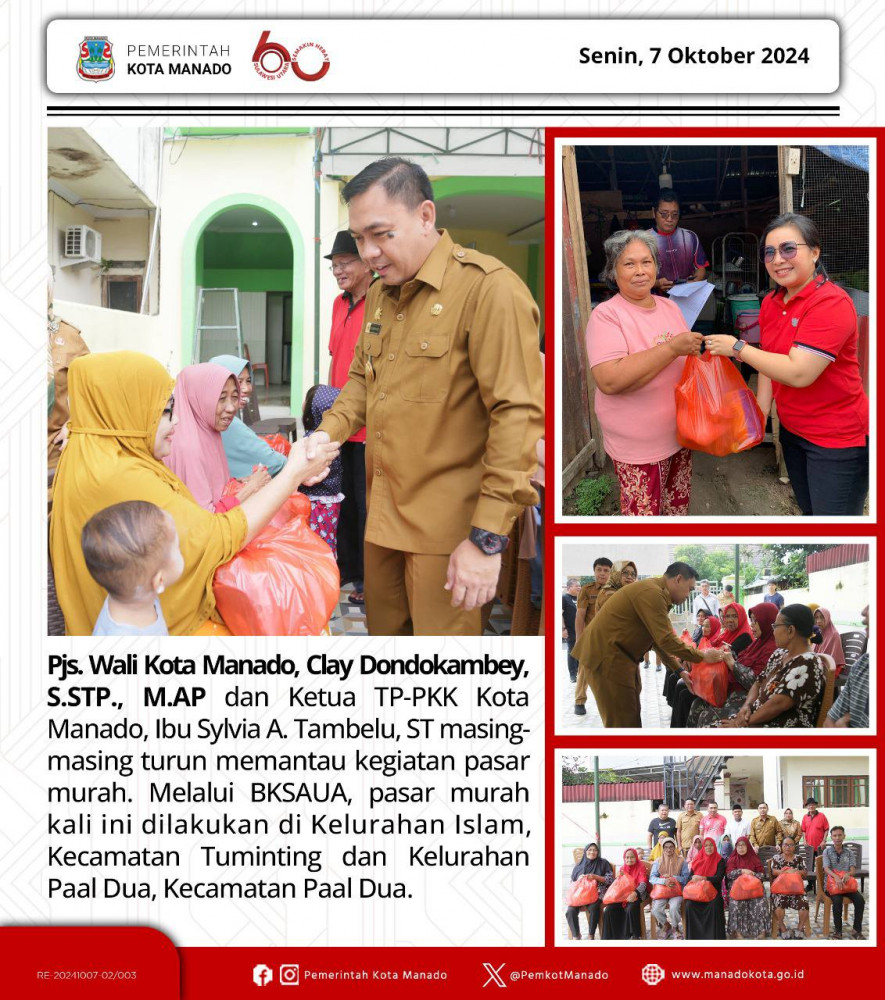  Pjs. Wali Kota Manado, Bpk. Clay Dondokambey, S.STP., M.AP dan Ketua TP-PKK Kota Manado, Ibu Sylvia A. Tambelu, ST masing-masing turun memantau kegiatan pasar murah. Senin, 07 Oktober 2024