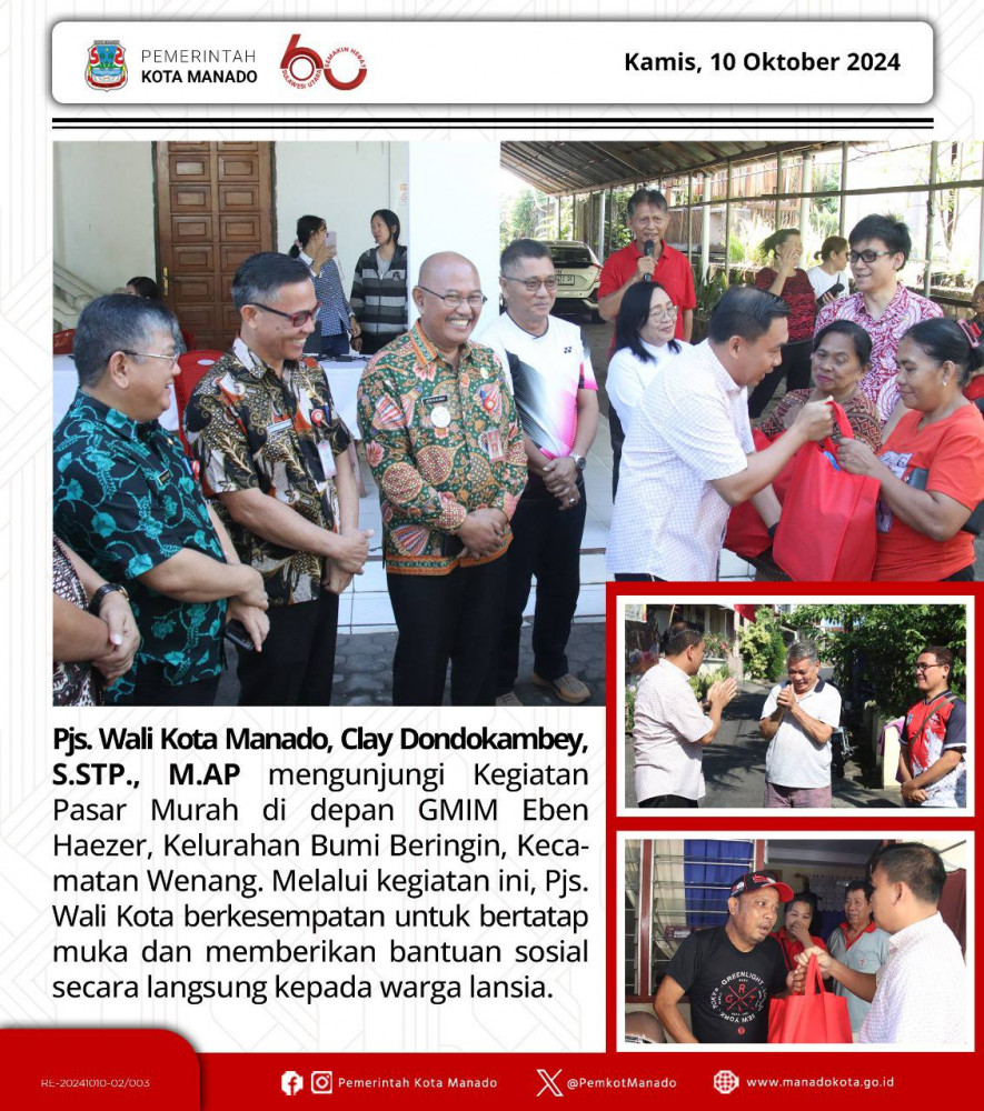 Pjs. Wali Kota Manado, Bpk. Clay Dondokambey, S.STP., M.AP., mengunjungi Kegiatan Pasar Murah di depan GMIM Eben Haezer, Kelurahan Bumi Beringin, Kecamatan Wenang. Melalui kegiatan ini, Pjs. Wali Kota