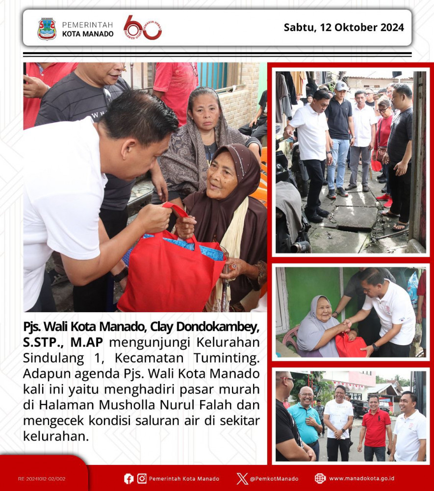 Pjs. Wali Kota Manado, Clay Dondokambey, S.STP., M.AP mengunjungi Kelurahan Sindulang 1, Kecamatan Tuminting. Adapun agenda Pjs. Wali Kota Manado kali ini yaitu menghadiri pasar murah di Halaman Musho