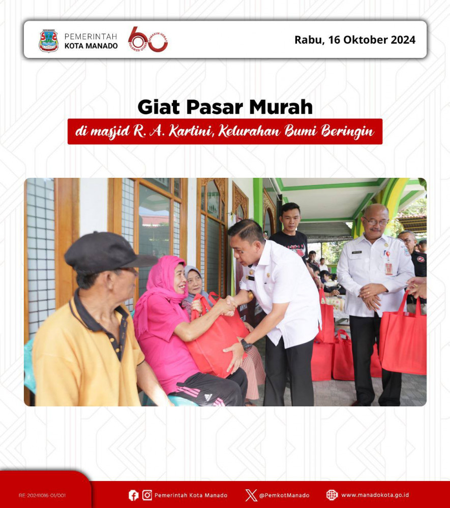 Pjs. Wali Kota Manado, Clay Dondokambey, S.STP., M.Si memantau lokasi ke-127 Pasar Murah di Masjid R.A. Kartini, Kelurahan Bumi Beringin, Kecamatan Wenang. Rabu 16, Otober 2024 