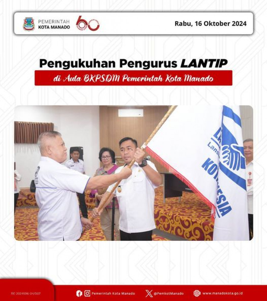 Pjs. Wali Kota Manado, Clay Dondokambey, S.STP., M.AP mengukuhkan pengurus Lansia Aktif Peduli Indonesia (LANTIP) Cabang Manado periode 2024-2029.