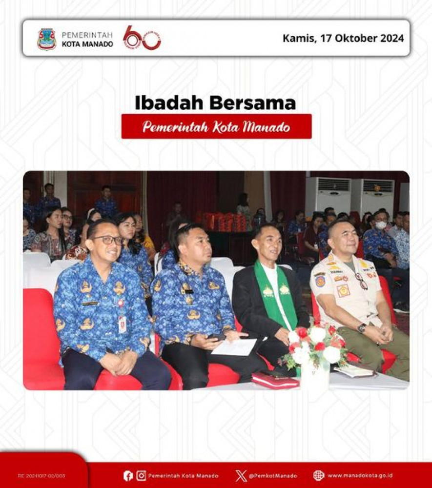 Pjs. Wali Kota Manado, Clay Dondokambey, S.STP., M.AP menghadiri Ibadah Bersama Pemerintah Kota Manado. Ibadah rutin dari BKSAUA Kota Manado ini dilaksanakan hari kamis setiap minggunya di Aula Serbag