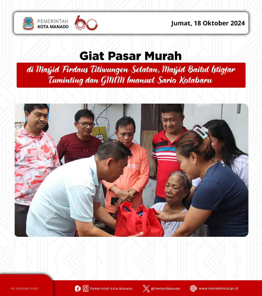 Pjs. Wali Kota Manado, Clay Dondokambey, S.STP., M.AP kunjungi Pasar Murah di Masjid Firdaus Titiwungen Selatan, Masjid Baitul Istigfar Tuminting dan GMIM Imanuel Sario Kotabaru. Dalam kunjungan ini, 