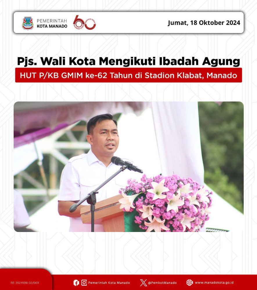 Pjs. Wali Kota Manado, Clay Dondokambey, S.STP., M.AP mengikuti Ibadah Agung HUT P/KB GMIM ke-62 Tahun di Stadion Klabat, Manado. Ibadah yang dihadiri oleh ribuan anggota P/KB se-GMIM ini, berasal dar