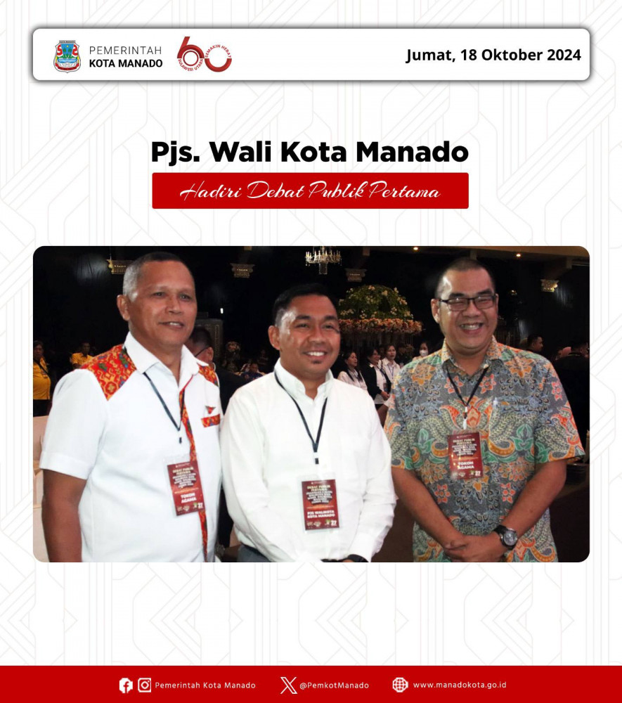 Pjs. Wali Kota Manado, Clay Dondokambey, S.STP., M.AP menyaksikan secara langsung Debat Publik Pertama Pasangan Calon Wali Kota dan Wakil Wali Kota Manado 2024 di Manado Convention Center (MCC).