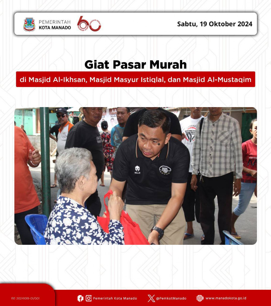 Pjs. Wali Kota Manado Bapak Clay Dondokambey, S.STP., M.AP turun meninjau kegiatan pasar murah. Sabtu, 19 Oktober 2024