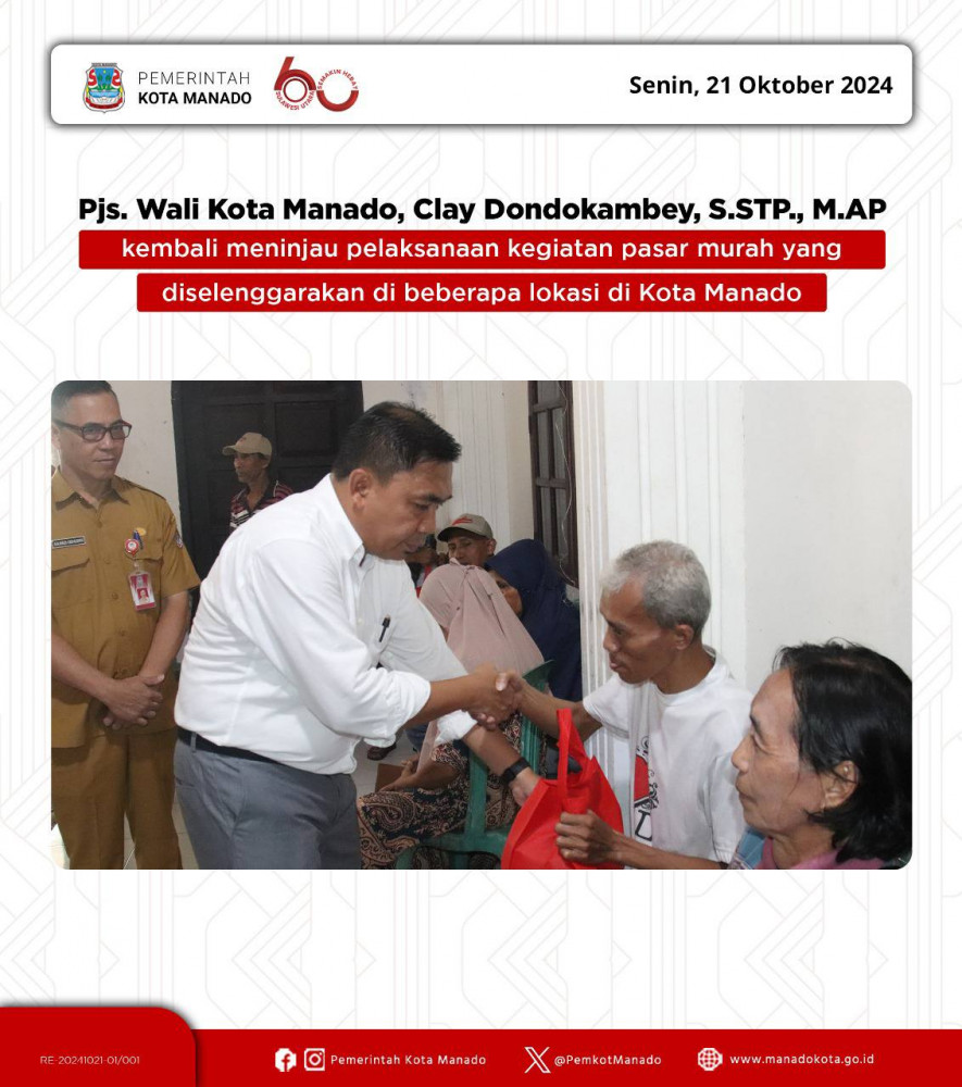 Pjs. Wali Kota Manado Bapak Clay Dondokambey, S.STP., M.AP kembali meninjau pelaksanaan kegiatan pasar murah yang diselenggarakan di beberapa lokasi di Kota Manado. Senin, 21 Oktober 2024