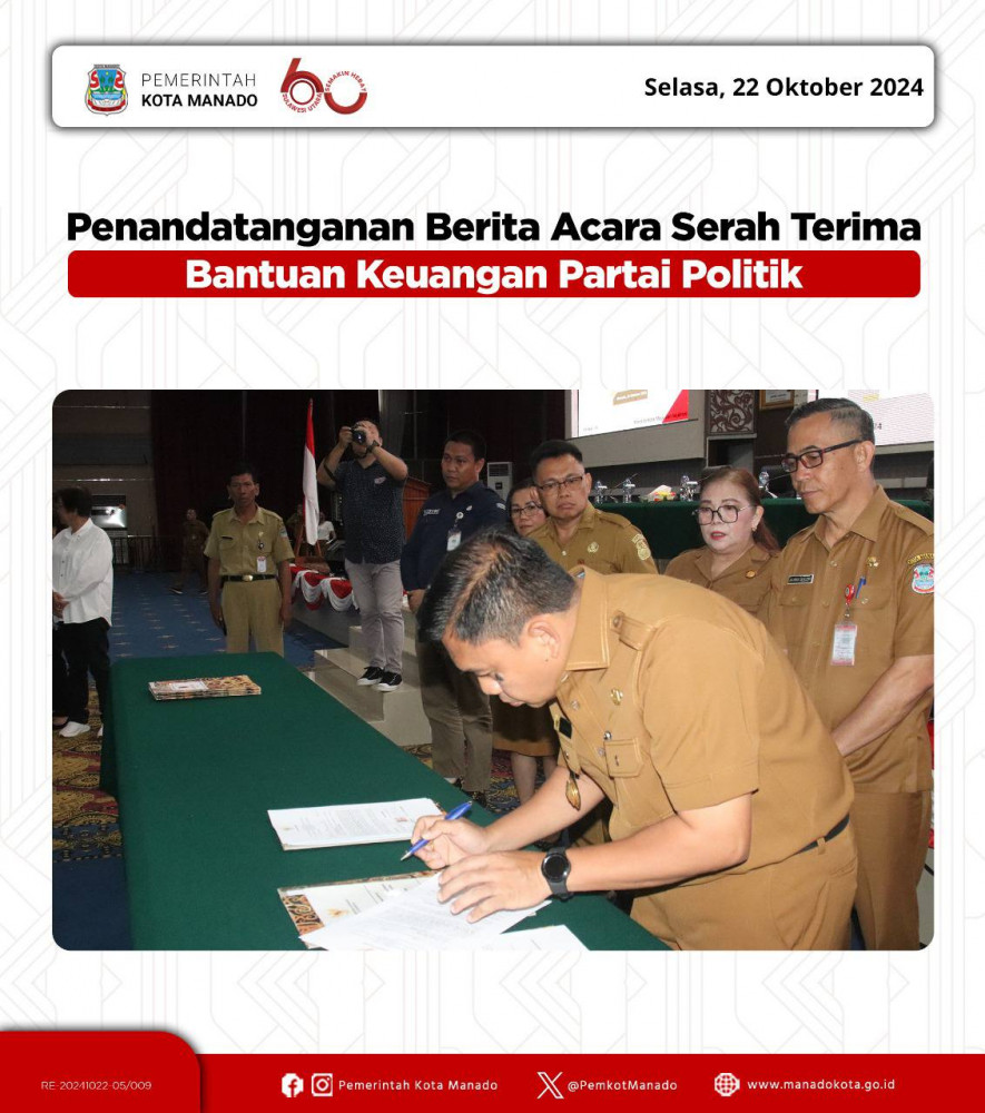 Pjs. Wali Kota Manado Clay Dondokambey, S.STP., M.AP menghadiri penandatanganan Berita Acara Serah Terima Bantuan Keuangan Partai Politik Tahap I Tahun Anggaran 2024 dan Sosialisasi Peraturan Menteri