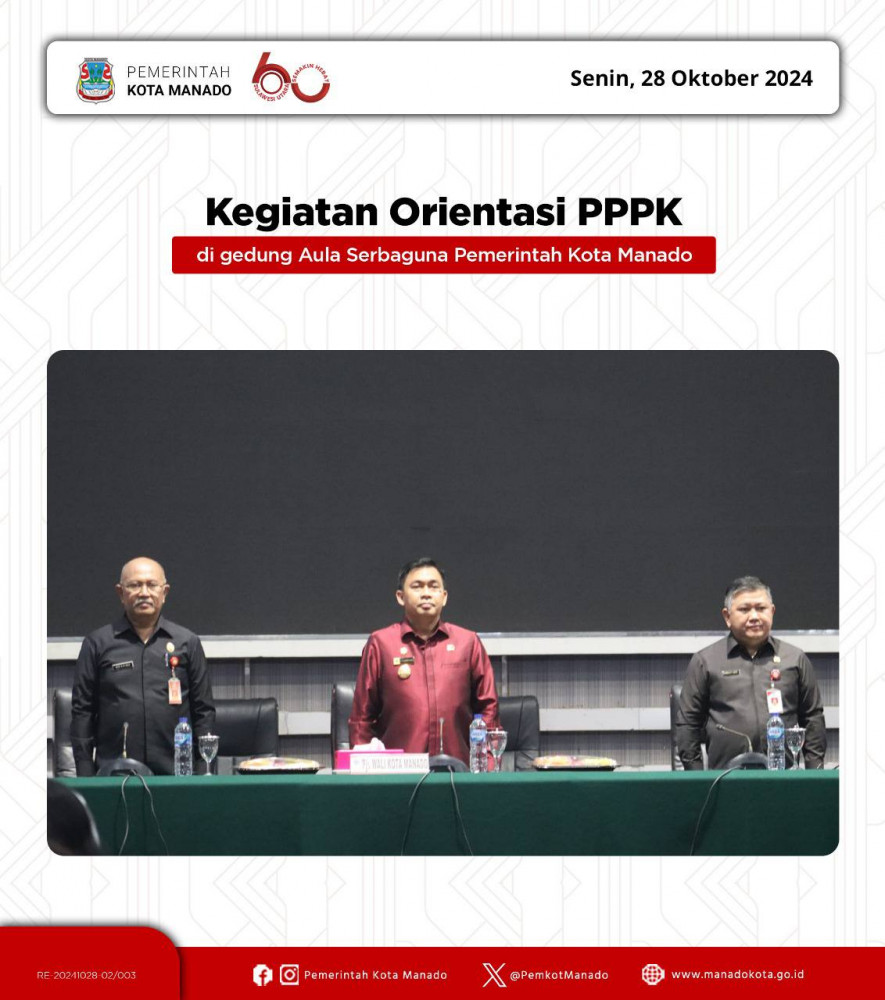 Pjs. Wali Kota Manado, Clay Dondokambey, S.STP., M.AP membuka Kegiatan Orientasi PPPK Lingkup Pemerintah Kota Manado Tahun Anggaran 2024 di Aula Serbaguna, Kantor Wali Kota Manado.