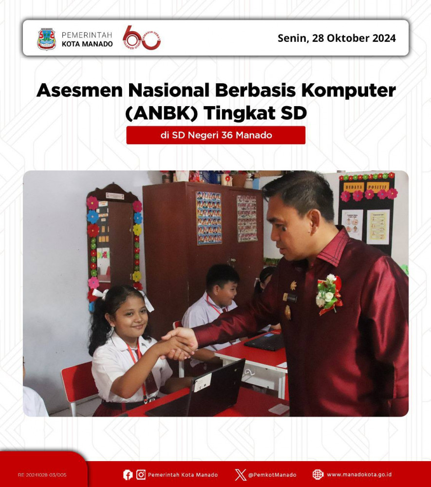 Pjs. Wali Kota Manado, Clay Dondokambey, S.STP., M.AP membuka secara resmi Kegiatan Serentak Asesmen Nasional Berbasis Komputer (ANBK) Tingkat SD di SD Negeri 36 Manado. 