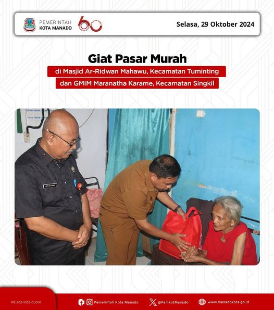 Program Pasar Murah terus diintensifkan oleh Pemerintah Kota Manado. Berlokasi di Masjid Ar-Ridwan MahawuProgram Pasar Murah terus diintensifkan oleh Pemerintah Kota Manado. Selasa, 29 Oktober 2024