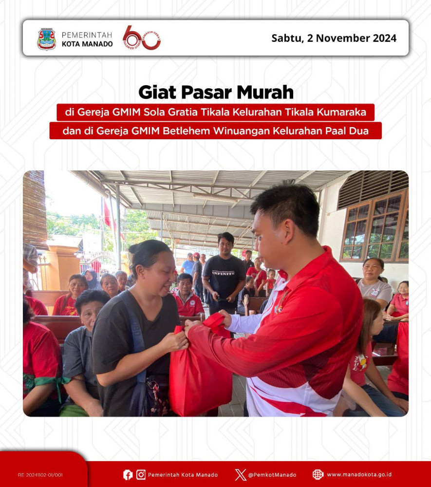 Pasar murah kembali diselenggarakan pada dua titik di Kota Manado, yaitu di Gereja GMIM Sola Gratia Tikala Kelurahan Tikala Kumaraka dan di Gereja GMIM Betlehem Winuangan Kelurahan Paal Dua.