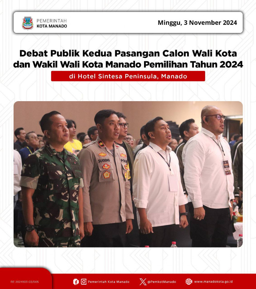 Pjs. Wali Kota Manado, Clay Dondokambey, S.STP., M.AP menghadiri Debat Publik Kedua Pasangan Calon Wali Kota dan Wakil Wali Kota Manado Pemilihan Tahun 2024 di Hotel Sintesa Peninsula, Manado. 