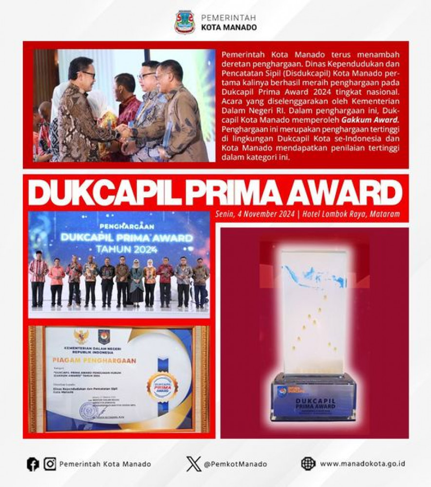 Pemerintah Kota Manado terus menambah deretan penghargaan. Dinas Kependudukan dan Pencatatan Sipil (Disdukcapil) Kota Manado pertama kalinya berhasil meraih penghargaan pada Dukcapil Prima Award 2024 