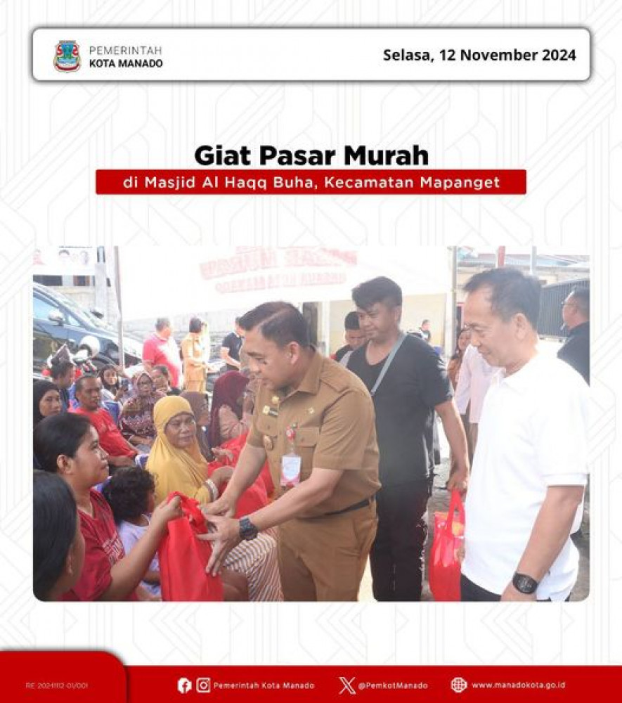 Program Pasar Murah dari Pemerintah Kota Manado terus digelar. Di Kelurahan Buha, Pjs. Wali Kota Manado, Clay Dondokambey, S.STP., M.AP. Selasa, 12 November 2024