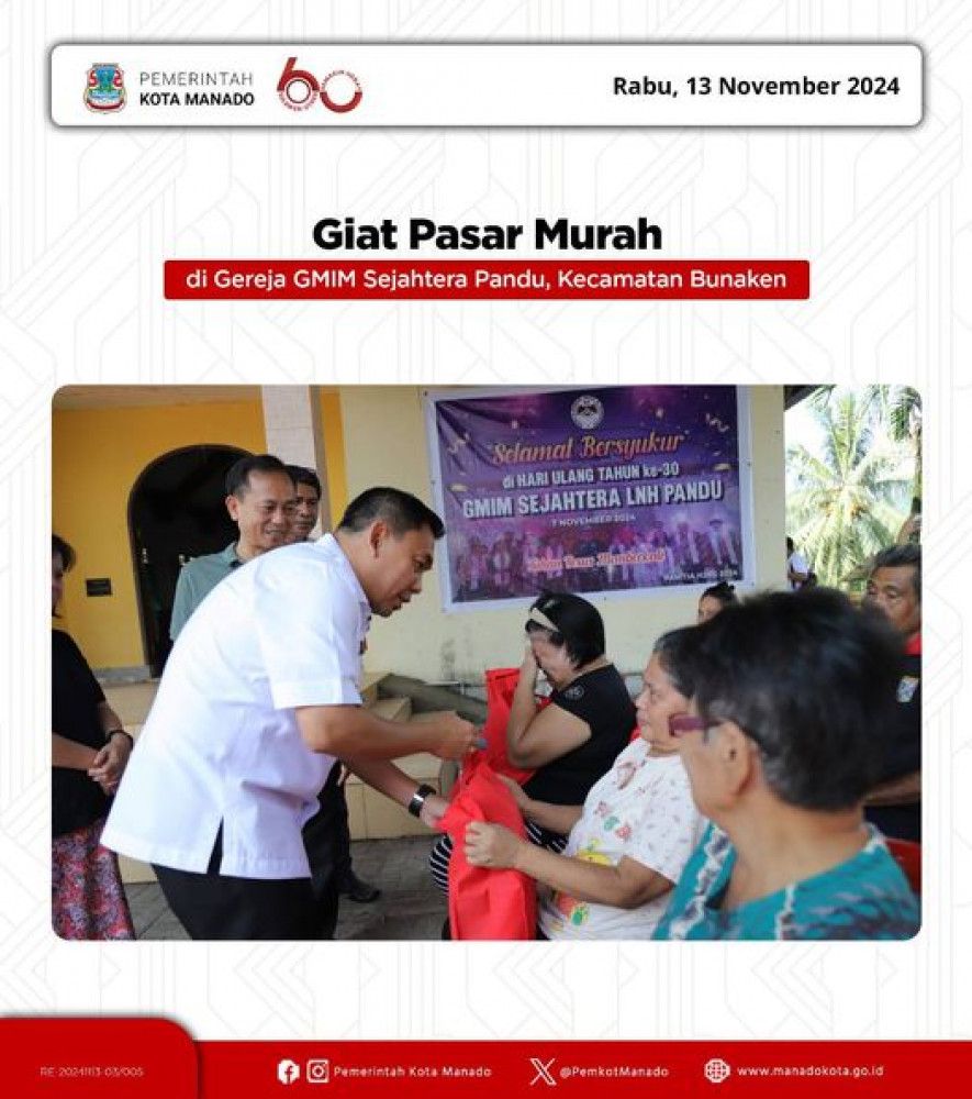 Pemerintah Kota Manado terus menyelenggarakan pasar murah, yang kali ini berlokasi di Gereja GMIM Sejahtera Pandu, Kecamatan Bunaken. Rabu, 13 November 2024