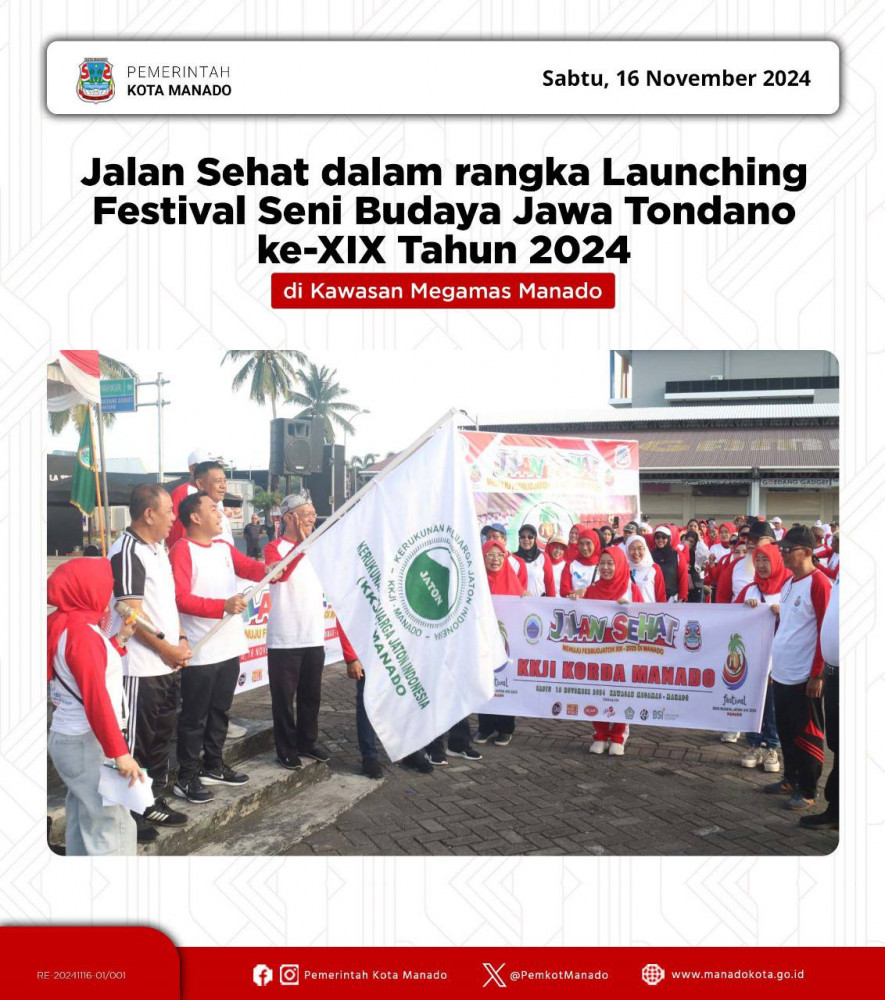 Pjs. Wali Kota Manado Bapak Clay Dondokambey, S.STP., M.AP menghadiri Jalan Sehat dalam rangka Launching Festival Seni Budaya Jawa Tondano ke-XIX Tahun 2024 yang berlokasi di Kawasan Megamas Manado.