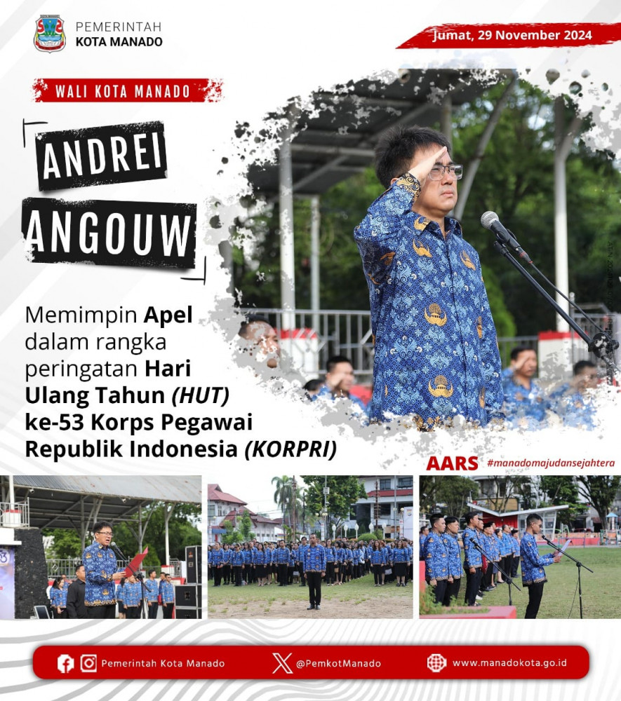 Wali Kota Manado, Bpk. Andrei Angouw, memimpin apel dalam rangka peringatan Hari Ulang Tahun (HUT) ke-53 Korps Pegawai Republik Indonesia (KORPRI). Jumat, 29 November 2024.