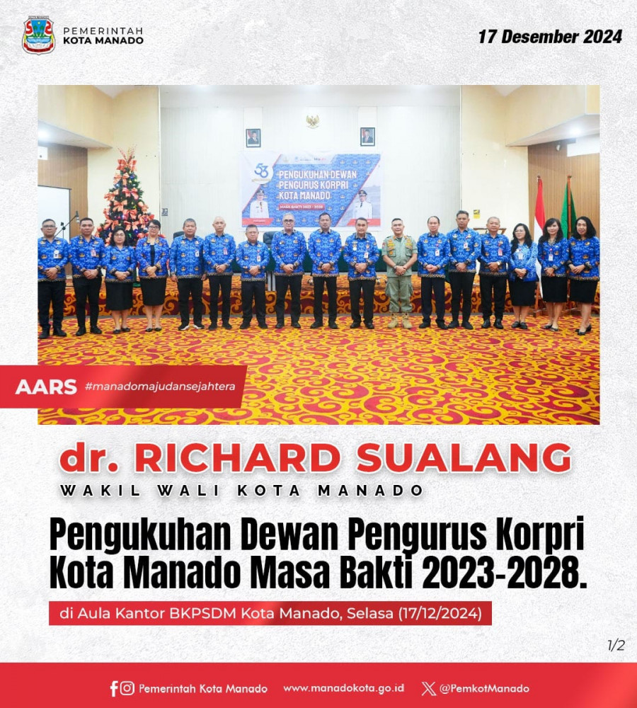 Wakil Wali Kota Manado dr. Richard Sualang, turut hadir pada Pengukuhan Dewan Pengurus Korpri Kota Manado Masa Bakti 2023-2028