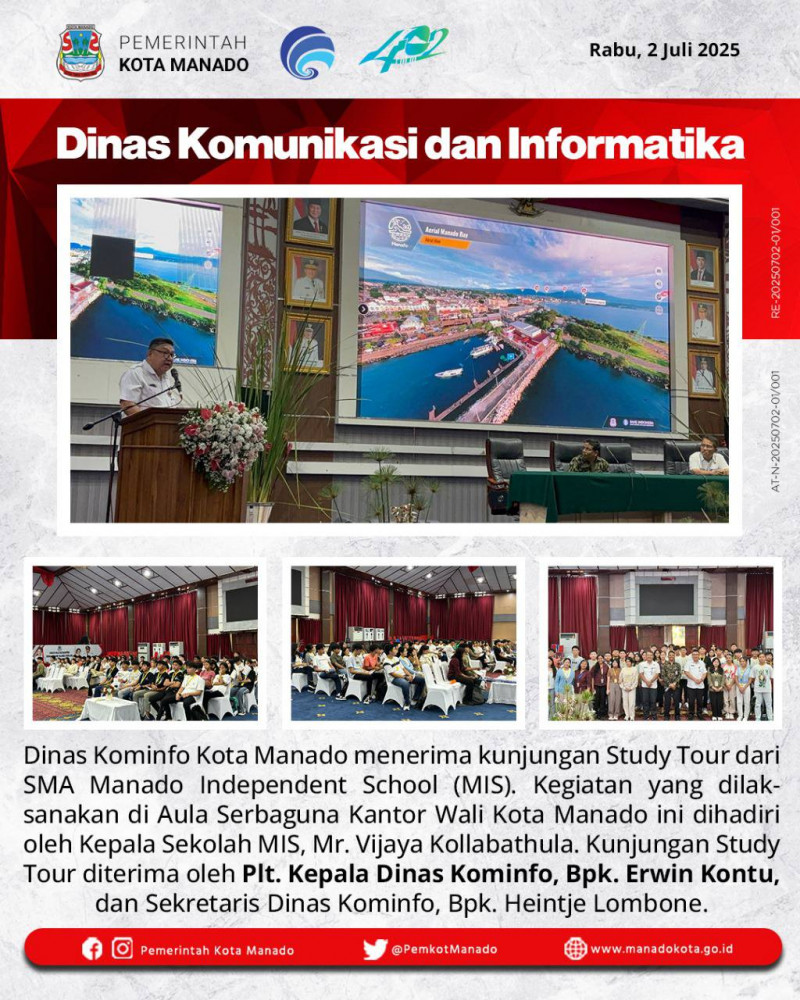 Dinas Kominfo Kota Manado menerima kunjungan Study Tour dari SMA Manado Independent School (MIS). 