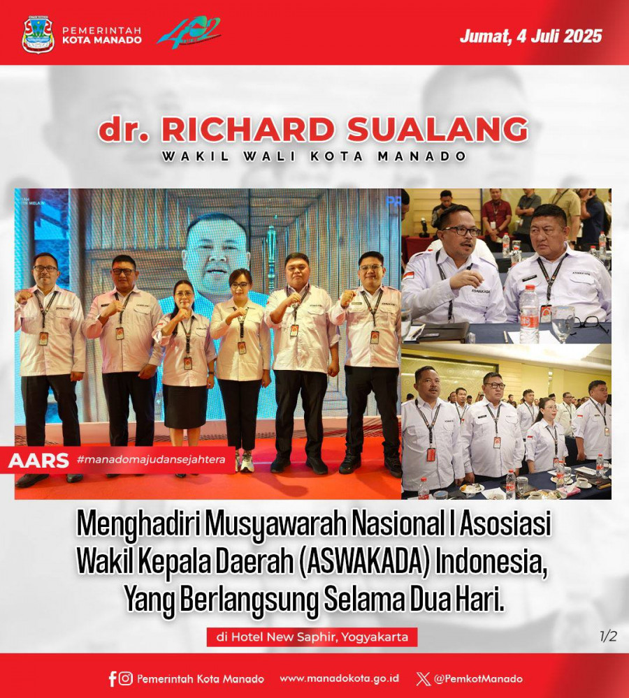 Wakil Wali Kota Manado dr. Richard Sualang Menghadiri Musyawarah Nasional I Asosiasi Wakil Kepala Daerah (Aswakada) Indonesia, di Hotel New Saphir, Yogyakarta, yang berlangsung selama dua hari.