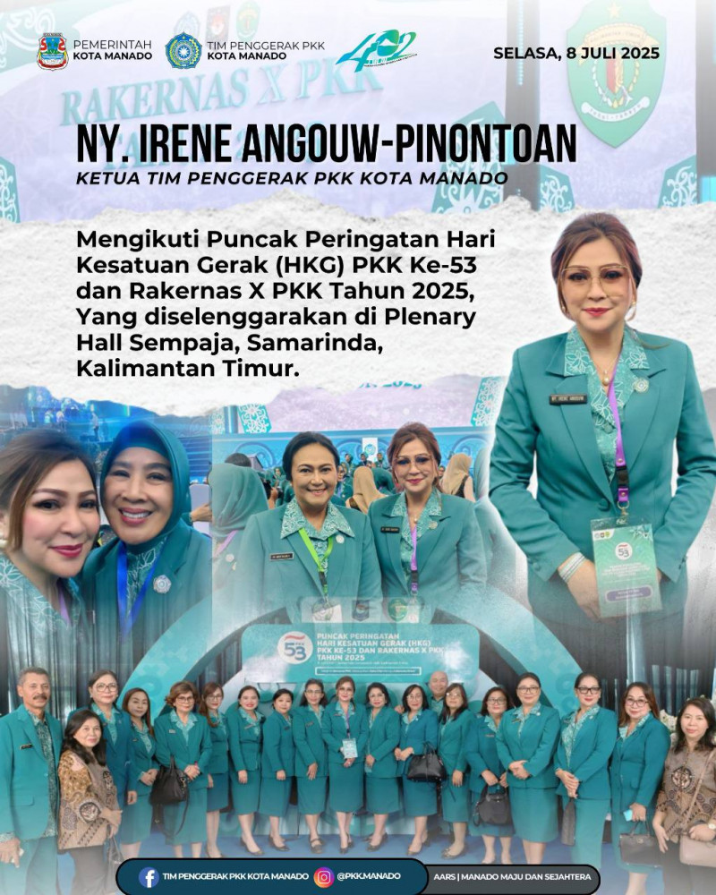  Ketua Tim Penggerak PKK Kota Manado, Ny. Irene Angouw-Pinontoan, mengikuti Rapat Kerja Nasional (RAKERNAS) X tahun 2025 & Hari Kesatuan Gerak (HKG) PKK ke-53 yang diselenggarakan di Planery Hall Semp