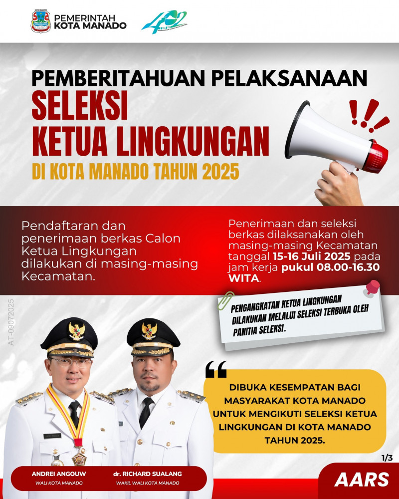 Pemberitahuan Pelaksanaan Seleksi Ketua Lingkungan di Kota Manado tahun 2025.