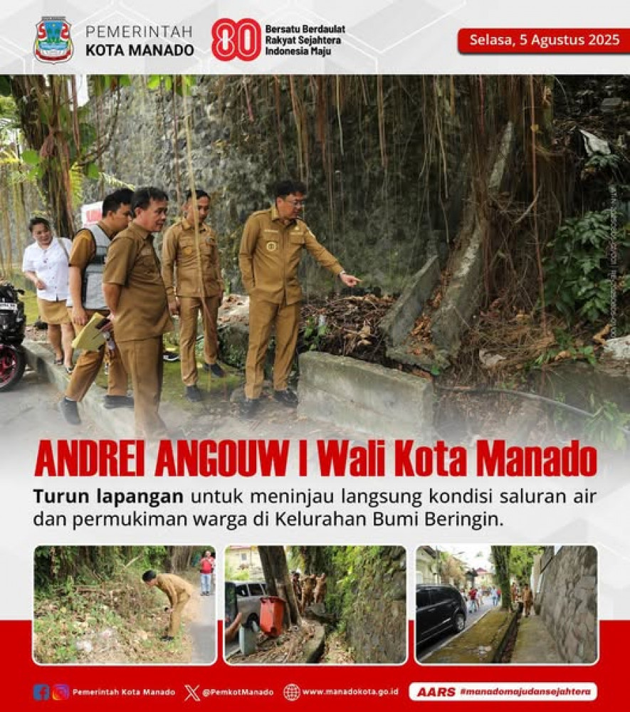 Bpk. Andrei Angouw, turun lapangan untuk meninjau langsung kondisi saluran air dan permukiman warga di Kelurahan Bumi Beringin.