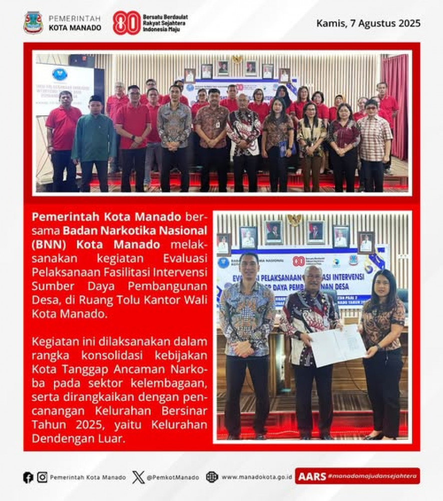 Kegiatan Evaluasi Pelaksanaan Fasilitasi Intervensi Sumber Daya Pembangunan Desa, di Ruang Tolu Kantor Wali Kota Manado.